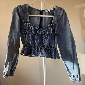 En Saison Ruffled Rouche Denim Blue Jean Blouse Long Sleeve Top - L